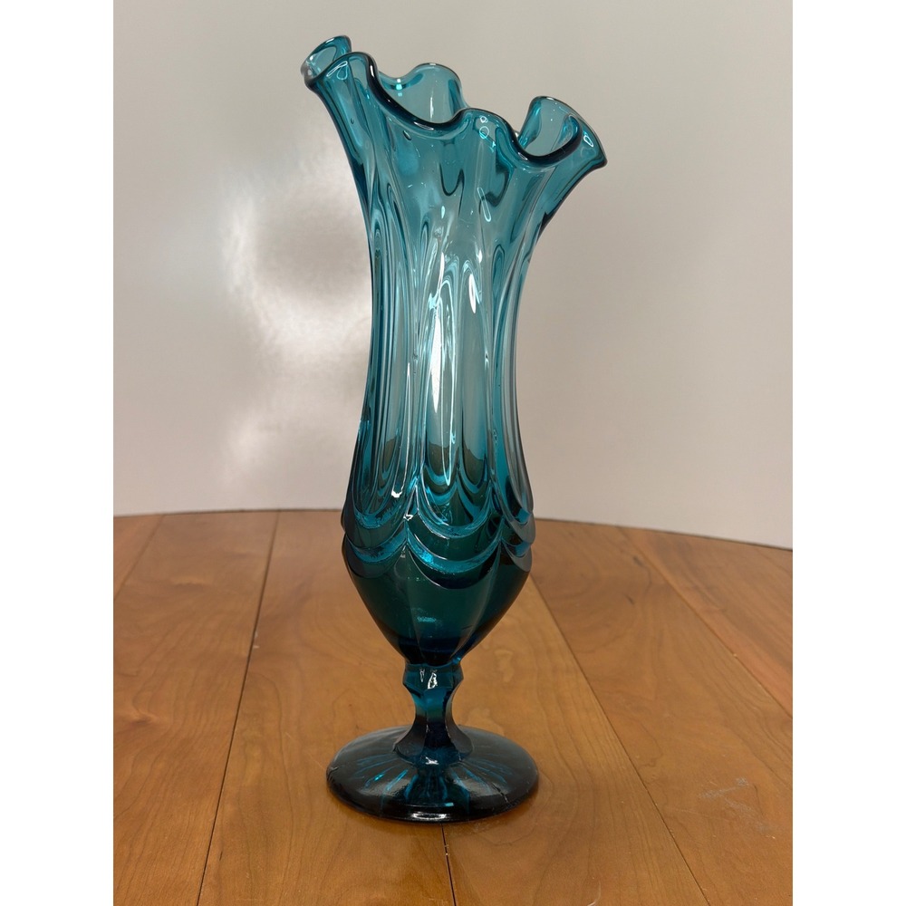 Vintage Westmoreland Drapery Swung Vase | Teal Blue Art Glass Vase